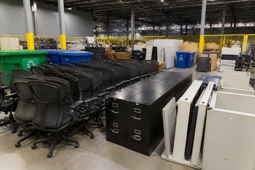 Stacked office chairs, filing cabinets, and desk components organized in a warehouse sorting facility, with clearly separated recycling bins and donation staging areas visible in the background