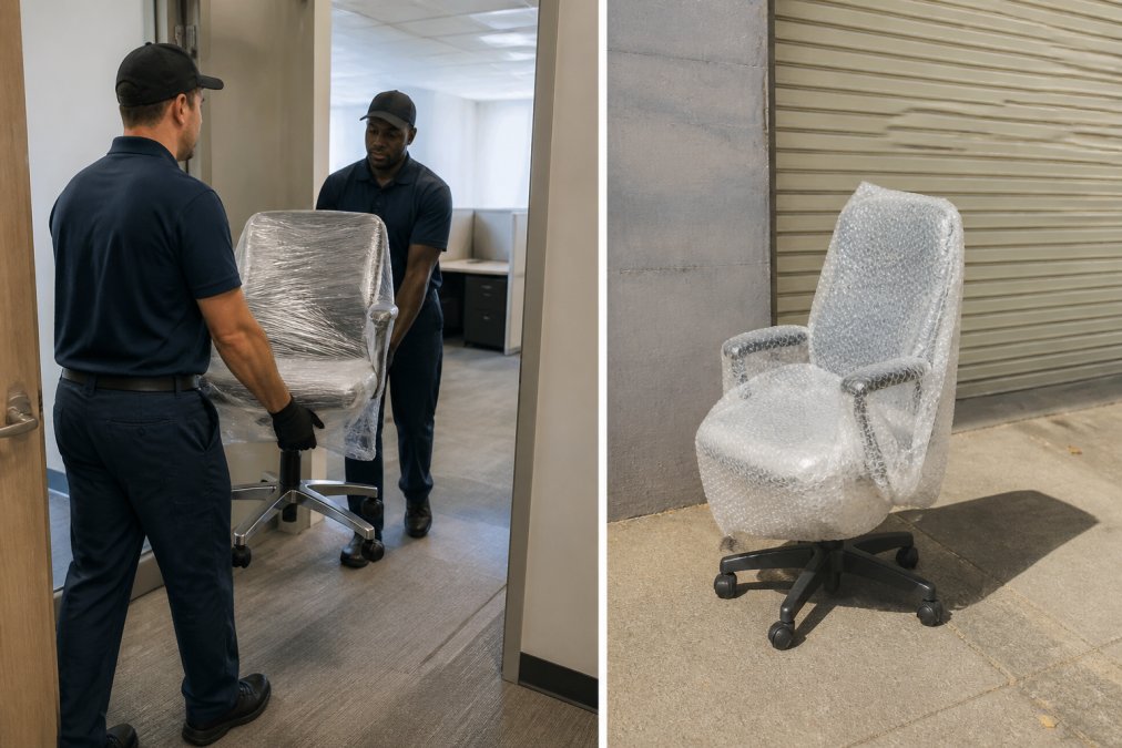 Professional movers in uniform carefully carrying a wrapped office chair through a commercial office doorway toward a workstation area