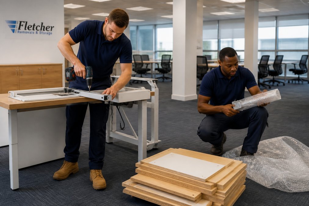 Two uniformed removal professionals in a bright open-plan office, one using a drill to dismantle a height-adjustable desk while the other labels and wraps a monitor arm, with flat-packed panels stacked neatly nearby