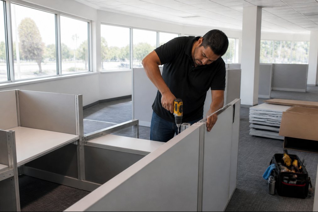 A professional installer in a branded polo shirt using a power drill to assemble a modular workstation in a bright, empty office space with large windows