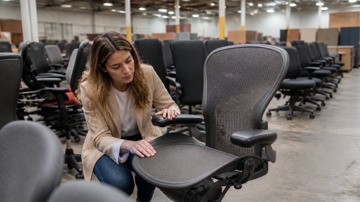 A startup founder inspecting a pre-owned Steelcase office chair in a large furniture warehouse showroom, checking upholstery and armrest condition under bright overhead lighting