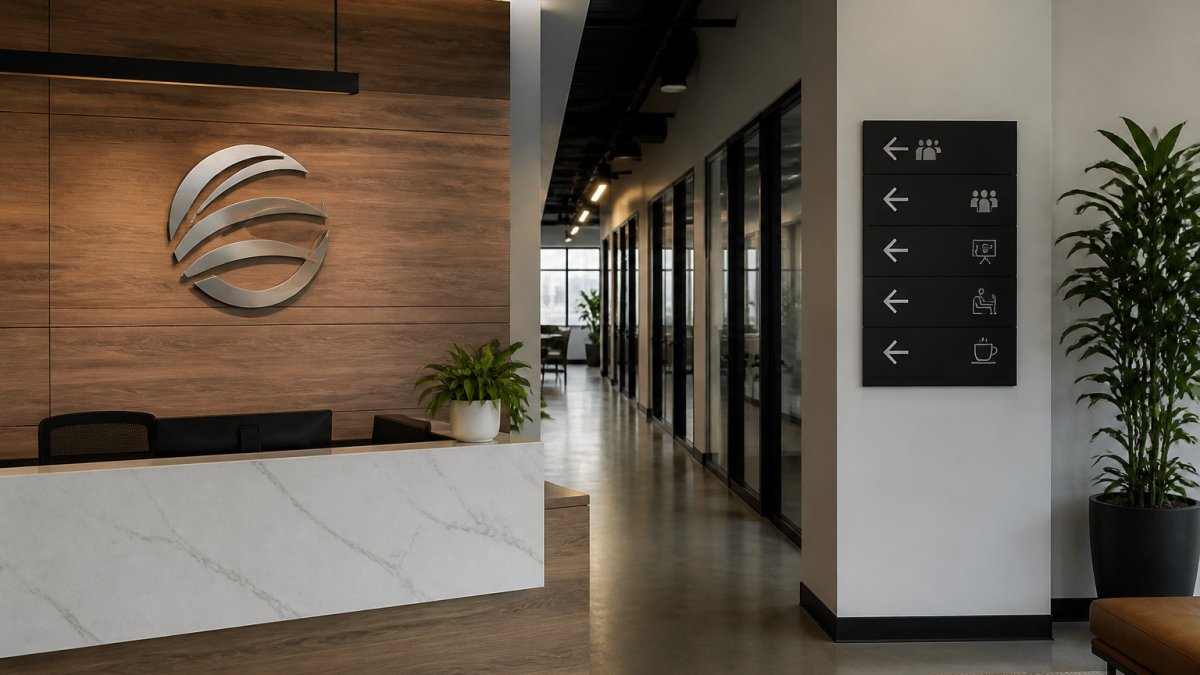 Modern office reception area with custom branded wall signage displaying company name, professional wayfinding directional signs, and welcoming entrance reflecting corporate identity and visual communication