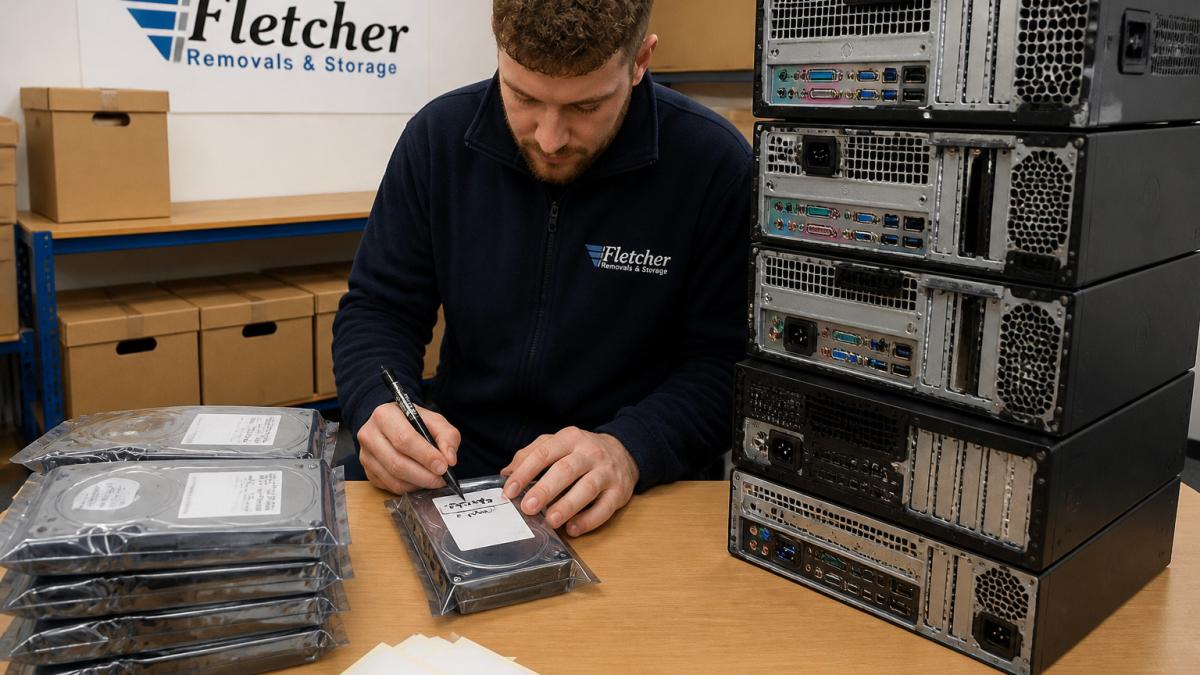 Technician labelling hard drives for secure decommissioning office IT in a tidy storeroom
