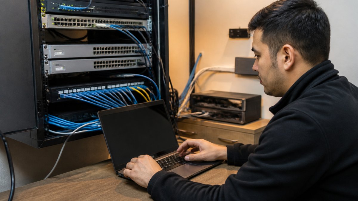An IT manager in a small office comparing network equipment specifications on a laptop, with a wall-mounted rack of switches and cabling visible behind him, warm overhead lighting