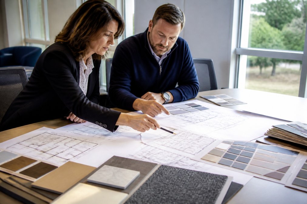 Facility manager and designer reviewing detailed floor plan layouts with color swatches and furniture samples spread across a conference table, natural light streaming through windows