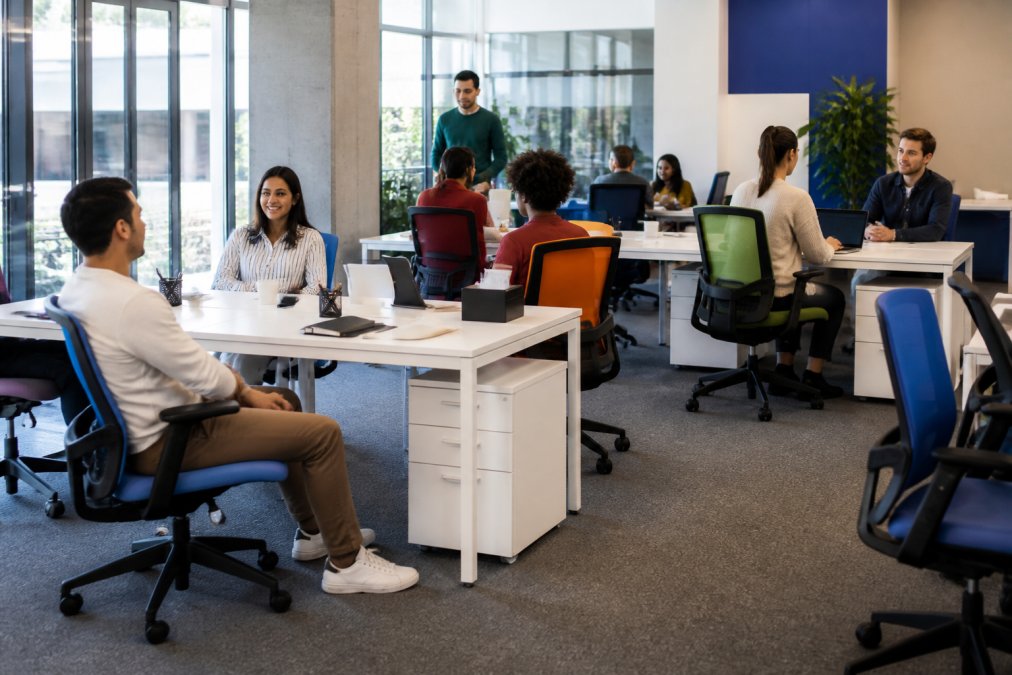 Bright, modern open office environment with diverse collaborative workstations, ergonomic chairs in multiple colors, employees engaged in different activities at shared tables with natural daylight