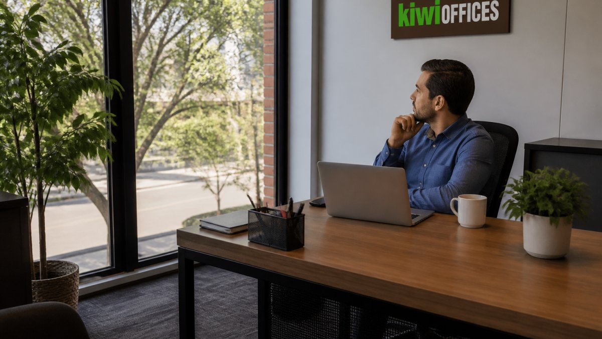 A small business owner working at a modern, private office desk with a laptop and coffee, looking out a window in a bright, furnished suite