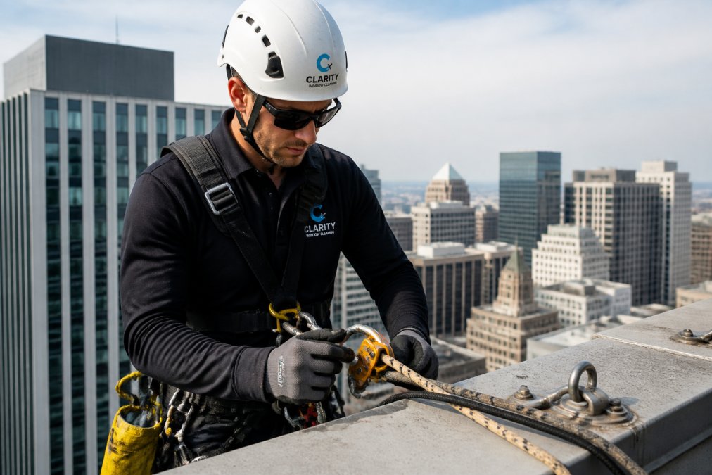 A commercial window cleaner wearing a safety harness and hard hat inspecting rope access equipment on a high-rise building ledge, city skyline visible in the background