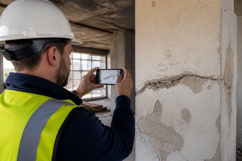 A construction inspector in a hard hat and safety vest holding a smartphone, photographing a wall defect inside an unfinished building with no visible network signal
