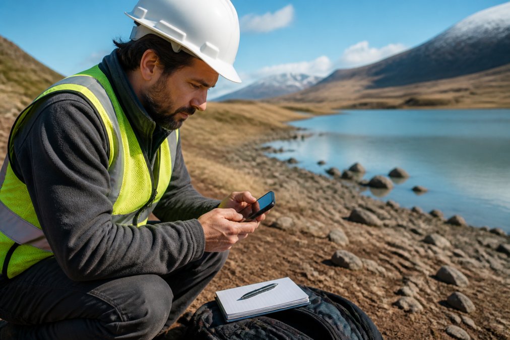 Environmental consultant in a remote outdoor location reviewing field notes and photos on a mobile device with spotty cell service, demonstrating offline data capture workflow in natural daylight