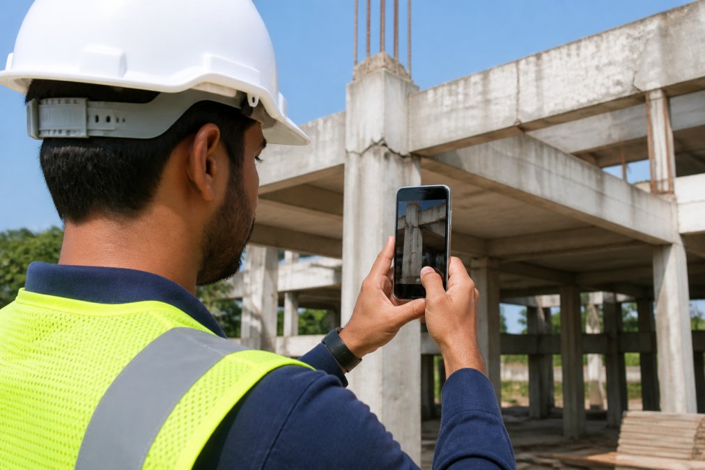 Field inspector on a construction site using an Android phone to capture geotagged photos of structural defects, with GPS coordinates visible on screen in bright daylight