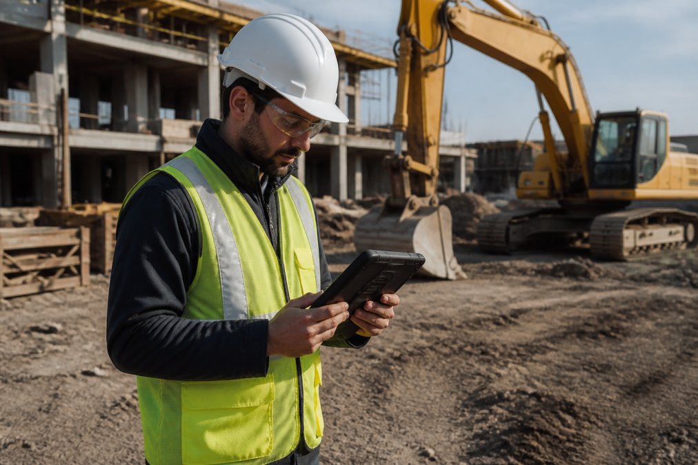 A field inspector in a hard hat and safety vest standing on a construction site, holding a rugged tablet and reviewing a digital checklist, with construction equipment in the background