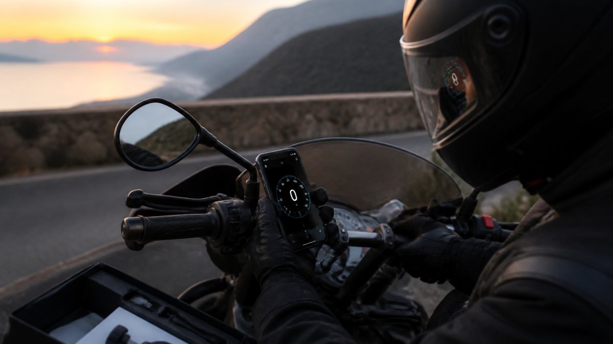 Diagram showing the setup process for an offline GPS speedometer HUD on a motorcycle handlebar and visor