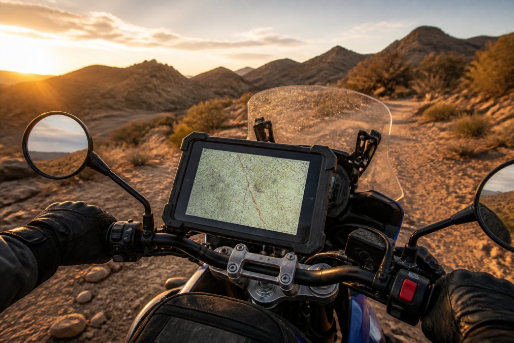 A rugged tablet mounted on the handlebars of an adventure motorcycle, displaying a topographic map with trail routes, set against a dusty desert trail at golden hour