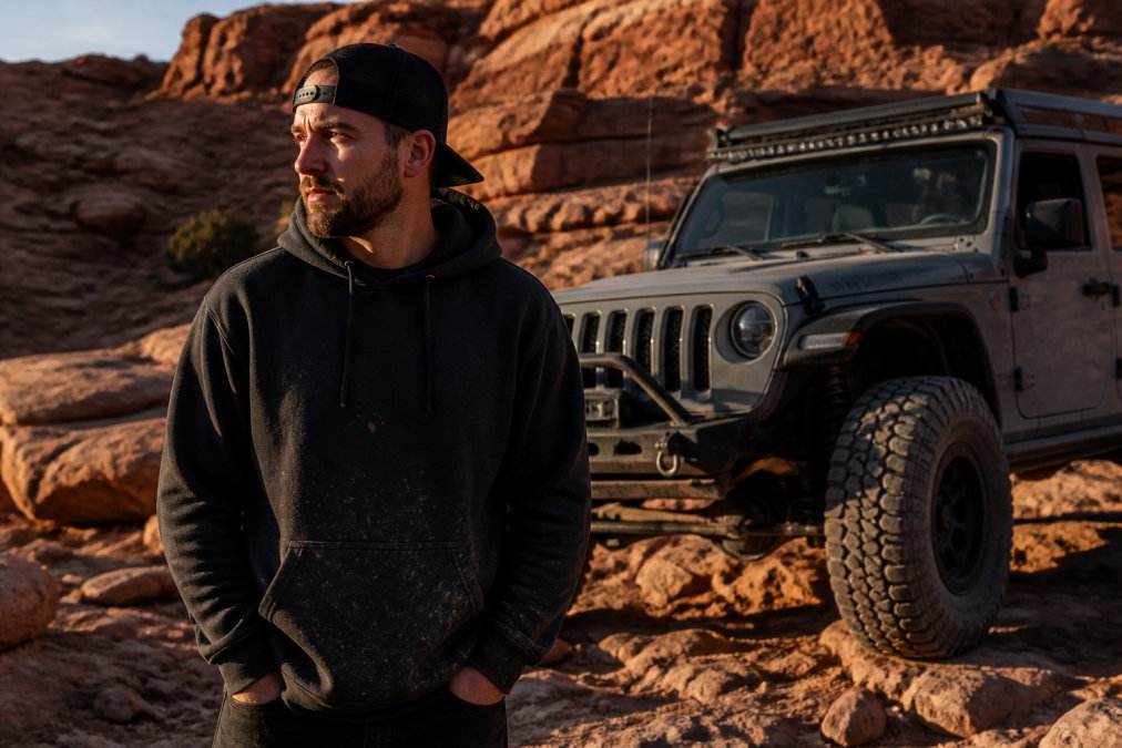 A rider in a black heavyweight hoodie standing beside a lifted Jeep on a rocky trail, dust on the fabric, late afternoon sun raking across red rock