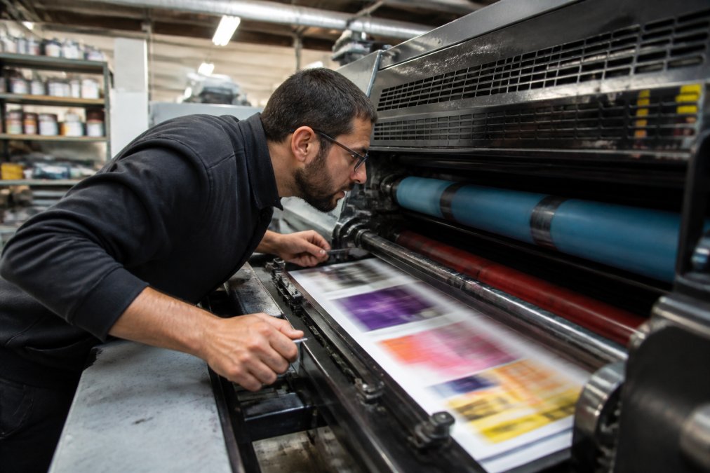 Professional offset printing press operator monitoring ink transfer to rubber blanket as paper feeds through the machine with precision registration