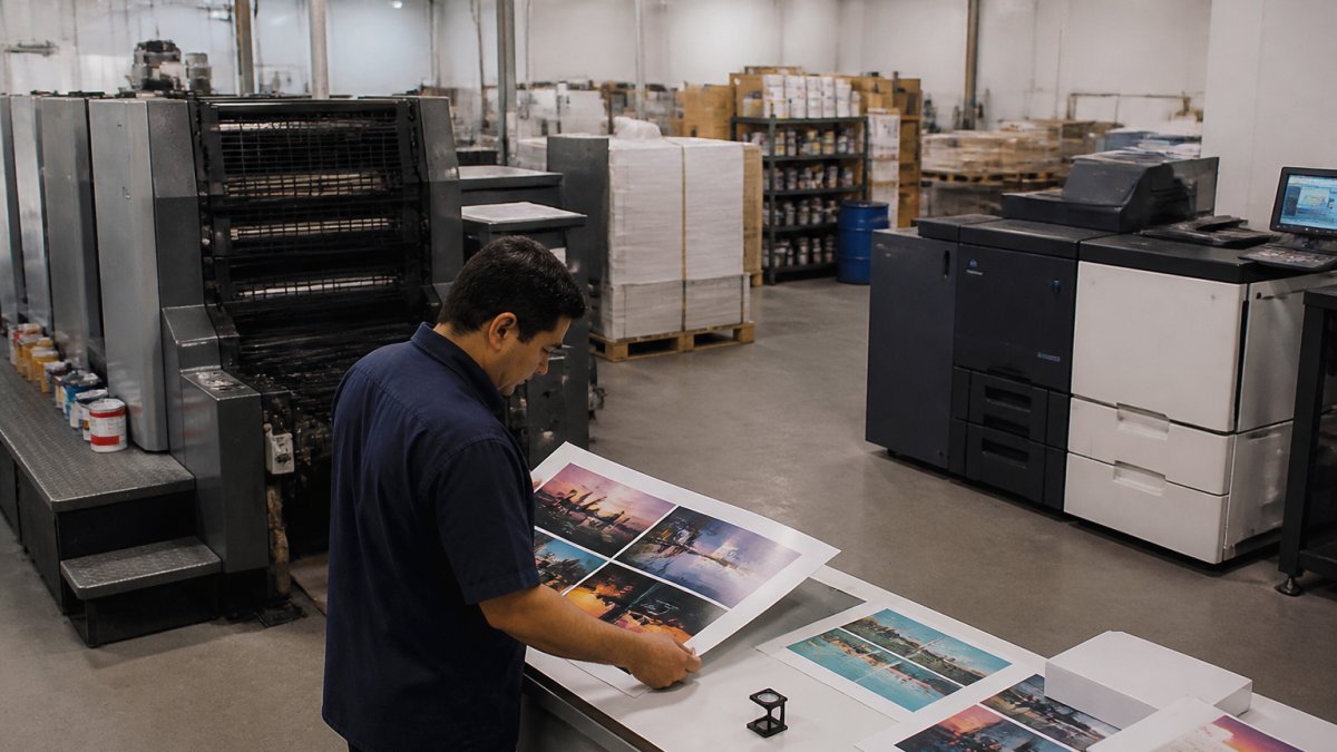 A commercial print shop floor with a large offset press running alongside a compact digital press, an operator in the foreground checking a printed sheet under bright overhead lighting