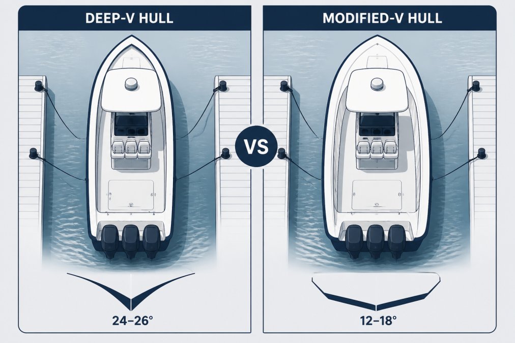 Overhead view of two center console fishing boats moored side-by-side in clear blue water, one showing a pronounced V-shaped hull profile and the other a flatter modified-V profile visible from above