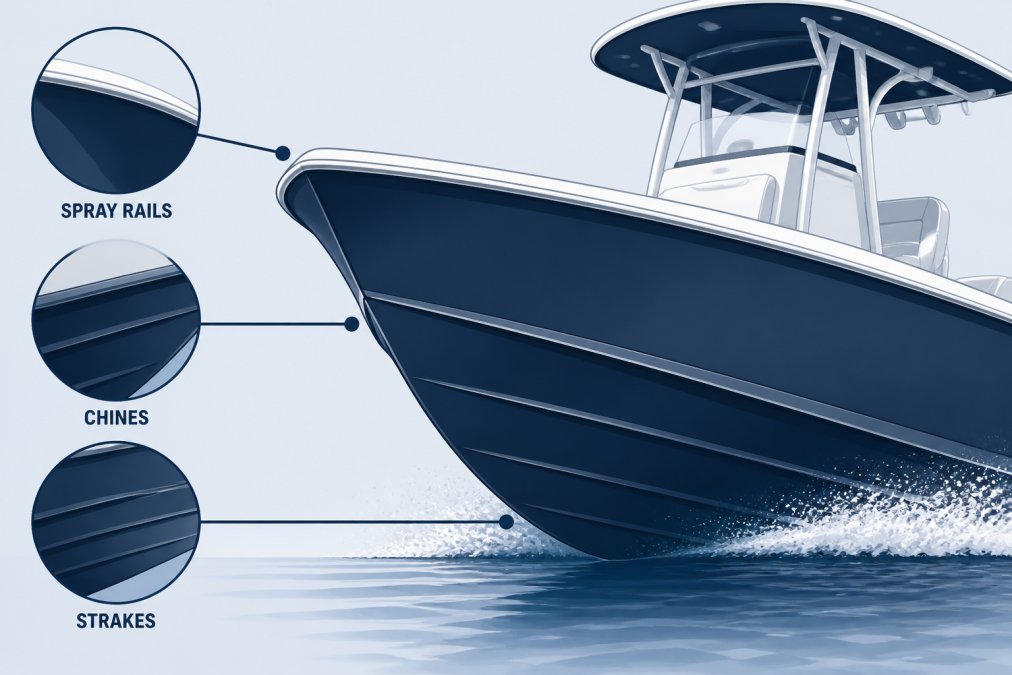 Close-up detail of a center console boat's hull at the waterline, showing pronounced chines running along the side, visible strakes on the hull surface, and spray rails extending from the bow area