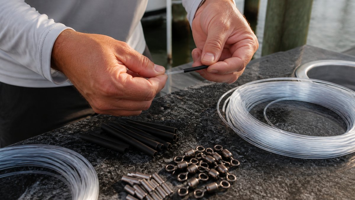 Step-by-step guide on rigging offshore leader protection using crimps, chafe tubing, and heavy monofilament line.