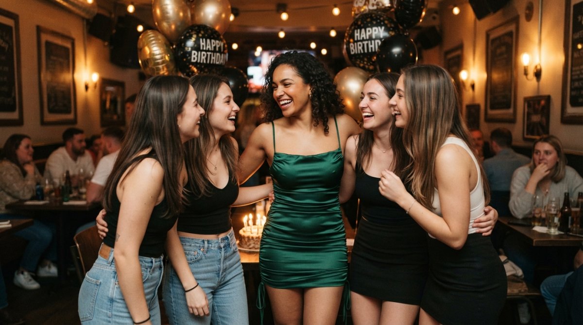 A woman in a stylish bodycon mini dress posing confidently at a birthday celebration, with friends and balloons in the background, warm indoor lighting