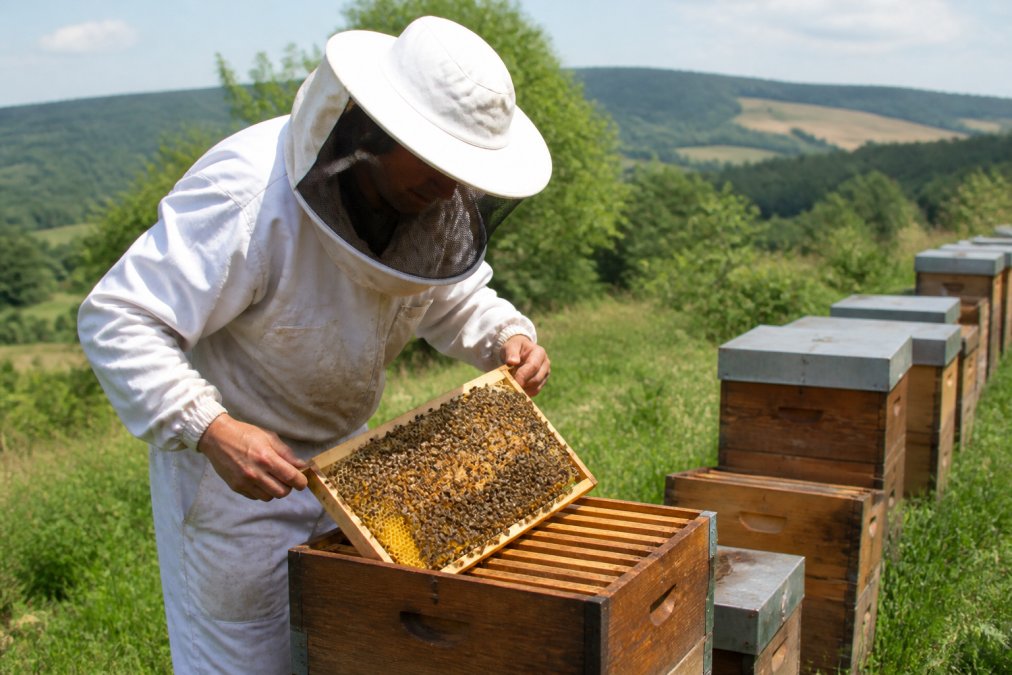 Ein luxemburgischer Imker in Schutzkleidung öffnet einen Bienenstock auf einer grünen Wiese, um Honigwaben zu prüfen, im Hintergrund sanfte Hügel der Region