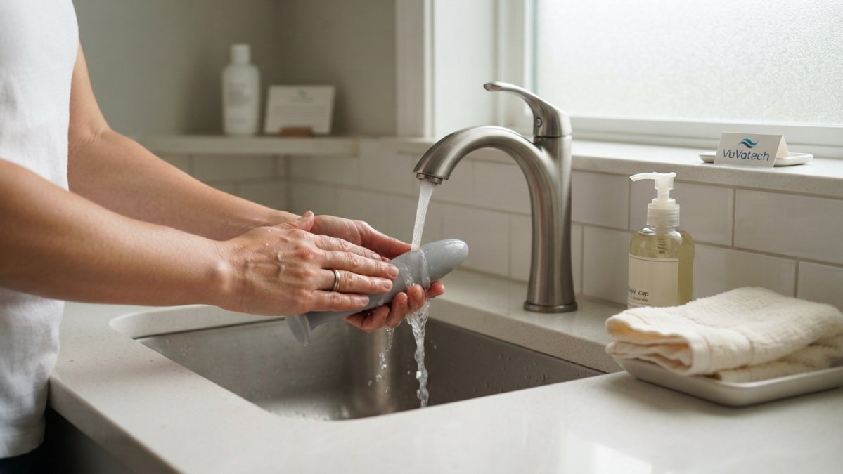 Woman rinsing a medical-grade dilator under warm running water at a bathroom sink with soap nearby