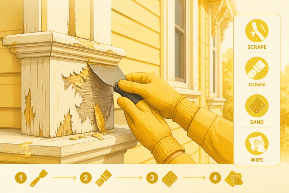 Professional painter's hands carefully scraping peeling paint from historic wooden trim on a heritage home exterior, showing preparation work in progress with natural afternoon light