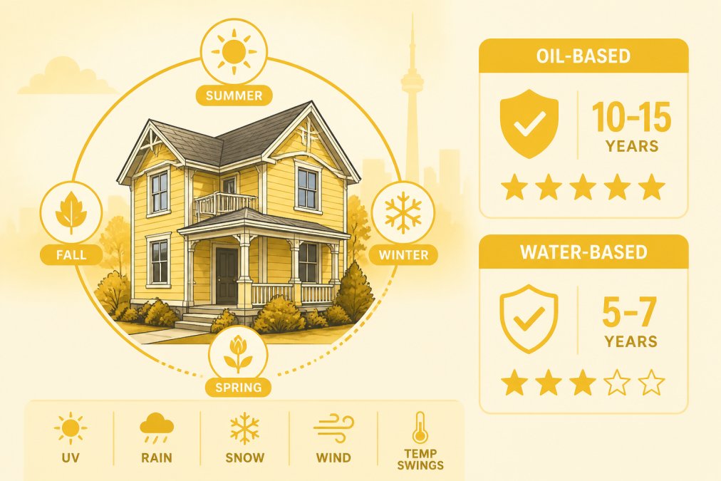 Well-maintained historic home exterior in Toronto with fresh paint finish on wood siding, showing durability and weather resistance through multiple seasons with clear blue sky background