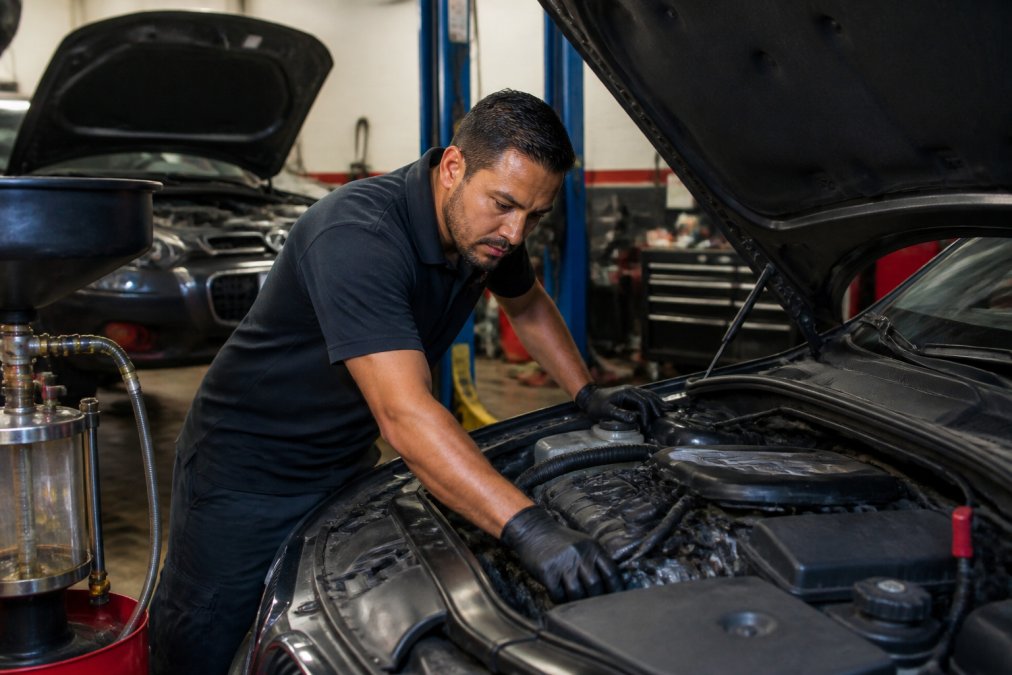 Mechanic inspecting the engine of a European sedan during an oil change service in a clean repair shop