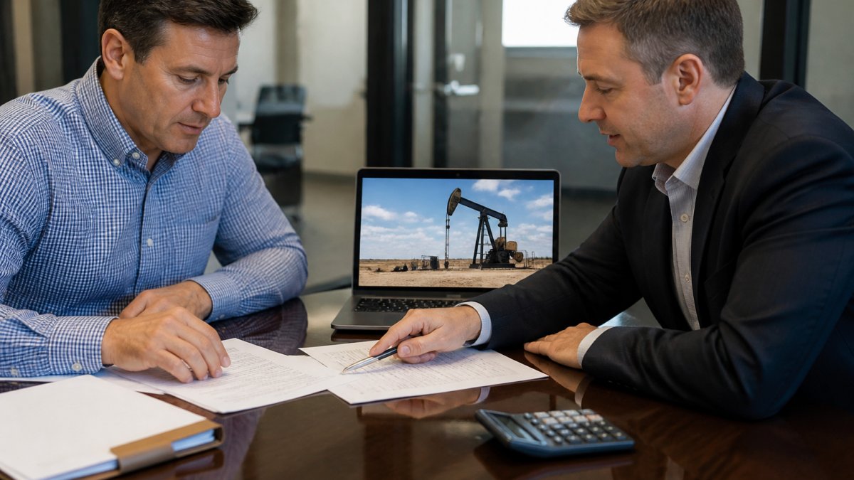 An investor and a financial advisor reviewing documents at a polished conference table, with a laptop showing an oil and gas production site on screen and a calculator nearby