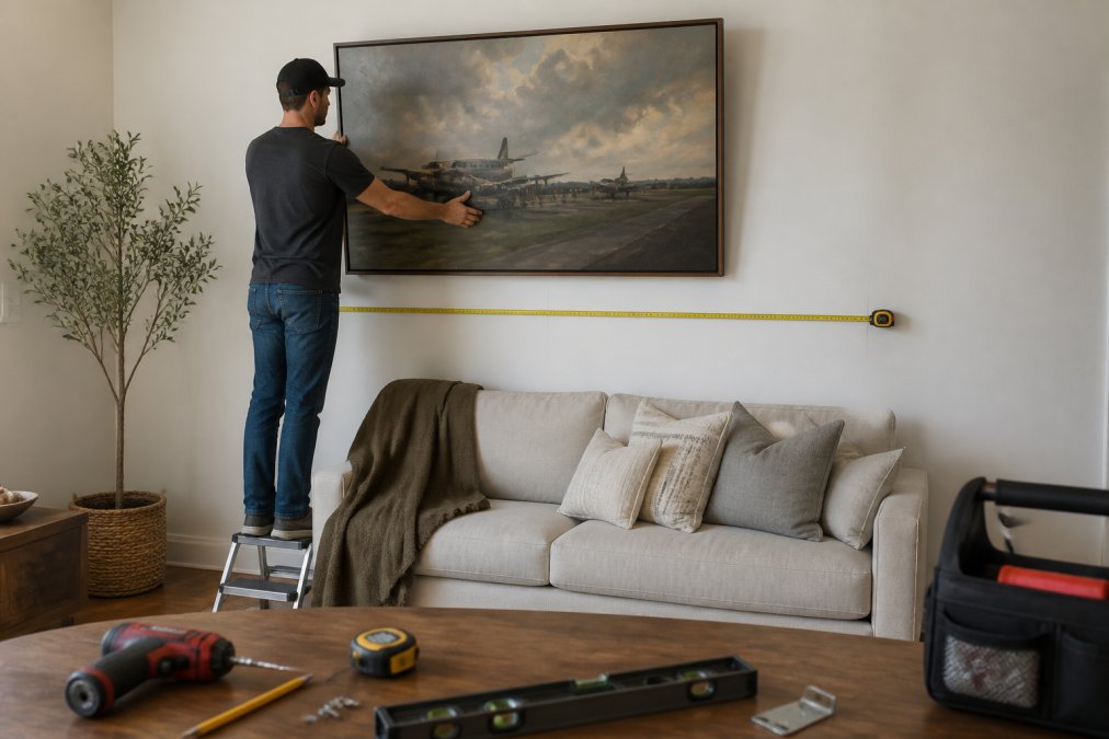Person standing on a stool measuring the placement of framed oil painting prints above a sofa.