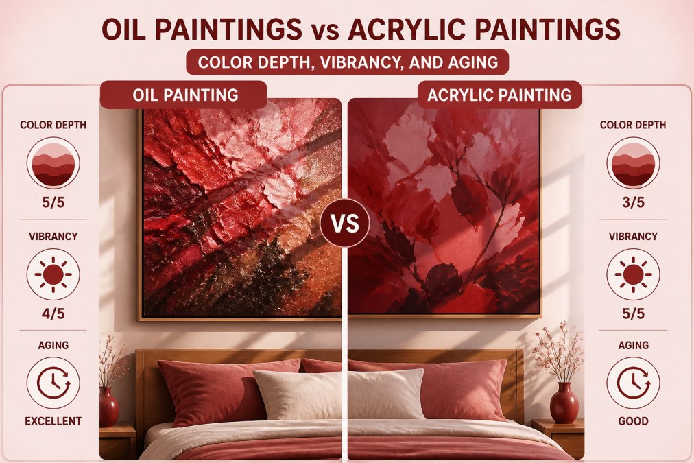 Side-by-side comparison of oil and acrylic textures showing color depth and light reflection in a bedroom