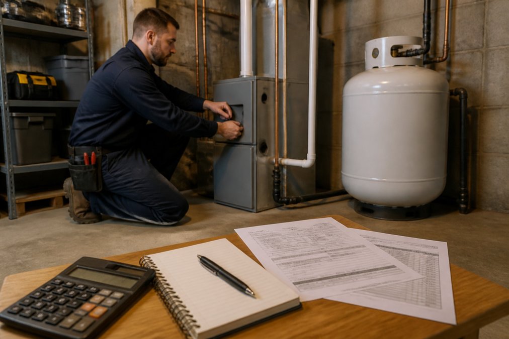 HVAC technician in work uniform inspecting a modern propane furnace and storage tank installation in a residential basement with concrete floors and utility shelving