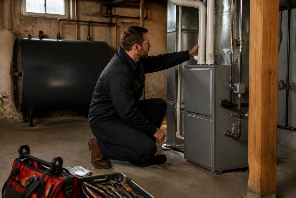 A professional HVAC contractor in work clothes inspecting a new propane furnace and its venting pipes in a residential basement, with an old oil tank visible in the background