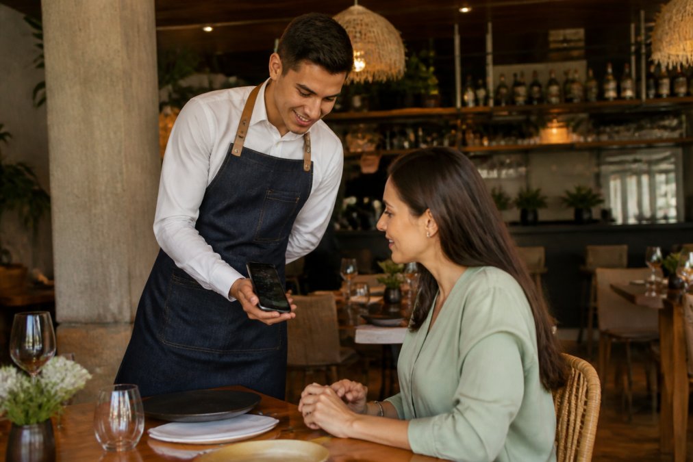 Camarero en un restaurante moderno mostrando un menú digital en un smartphone a un cliente, con mesa de madera y ambiente cálido de fondo