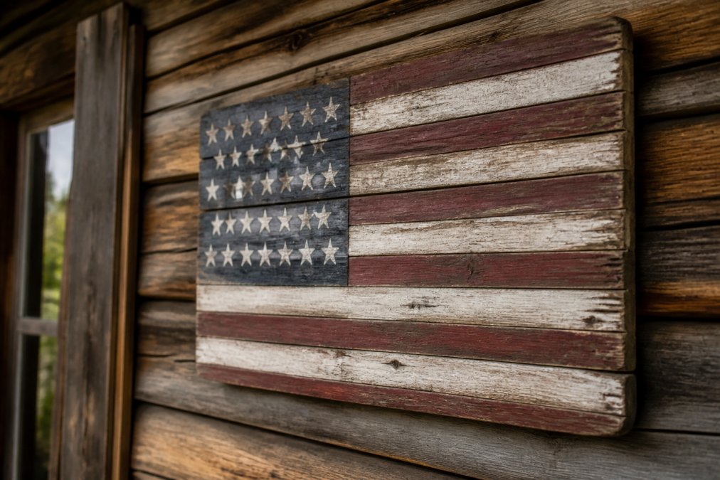 Close-up of a rustic wooden flag with hand-painted stars and distressed finish hanging on a cabin wall, showing texture and craftsmanship details with natural wood grain visible