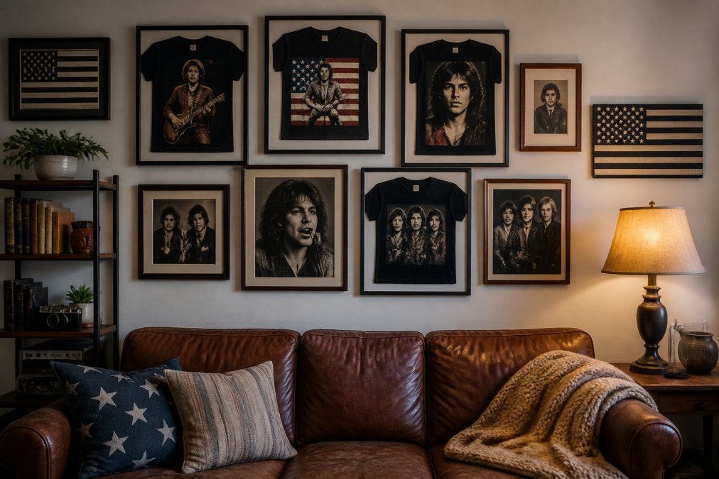 Living room interior featuring vintage music apparel displayed on a gallery wall alongside patriotic decor, showing how these pieces complement classic rock aesthetic with warm lighting and cohesive styling