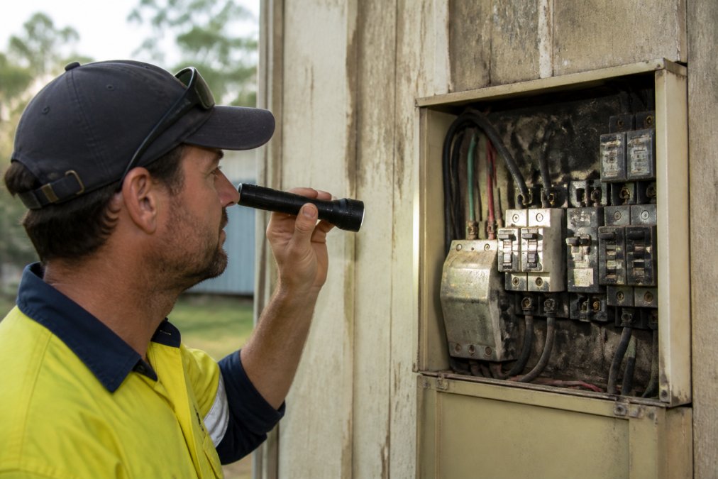 A licensed electrician in a rural Australian property inspecting an old, weathered electrical switchboard with a torch, showing dated wiring and dusty casings