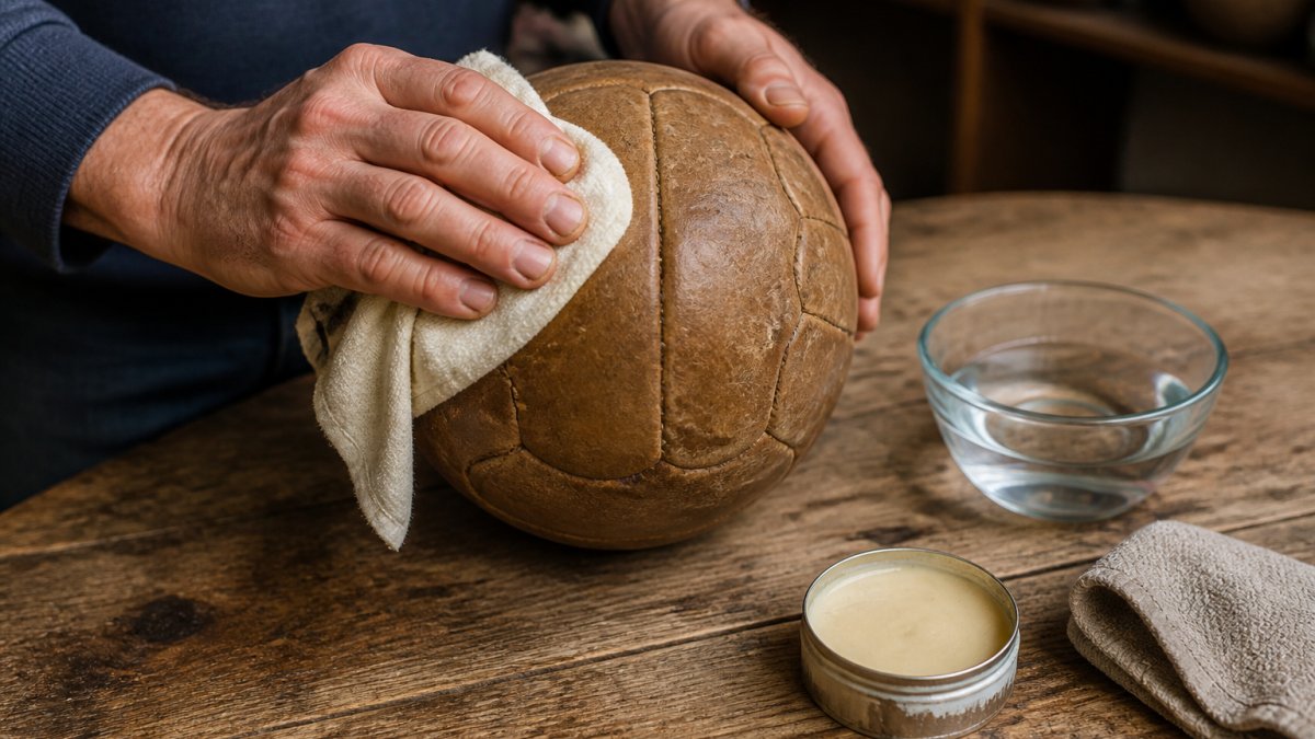 Step-by-step guide for cleaning a vintage leather soccer ball with a soft cloth and conditioner