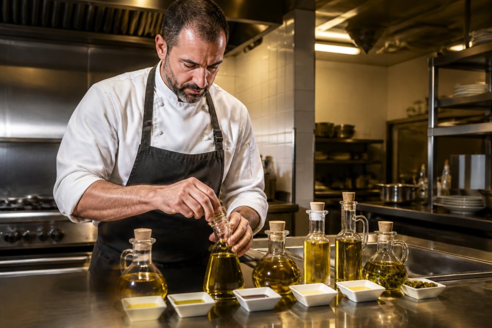 Chef in professionele keuken die verschillende plantaardige oliën en vetten in glazen containers voorbereidt op het werkblad, met etiketten duidelijk zichtbaar, onder warm keukenlicht