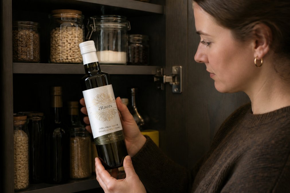 Donkere glazen fles Forelia olijfolie met originele dop op een schapje in een koele, donkere keukenkastruimte, omgeven door andere ingrediënten in glas, natuurlijk diffuus licht