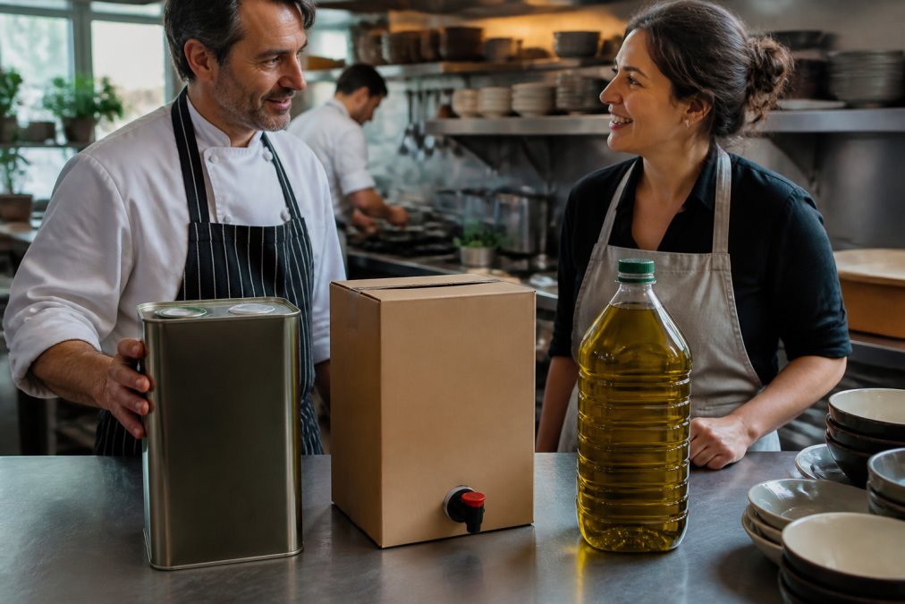 Close-up van drie verschillende olijfolie verpakkingen naast elkaar: een metalen blik, een bag-in-box kartonnen doos en een kunststof petfles, professioneel gerangschikt op een horecakeukenblad met natuurlijk licht