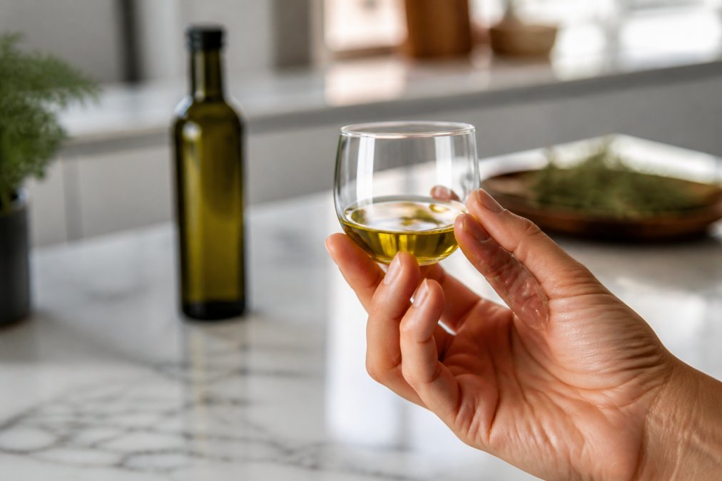 Close-up van een hand die een klein glas extra vierge olijfolie vasthoudt tegen zacht daglicht, met een fles Aurelia Oils op de achtergrond in een keuken met marmeren werkblad