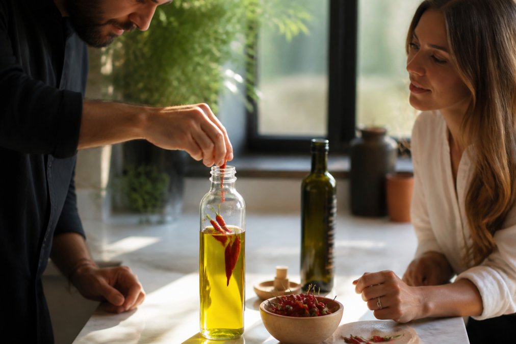 Handen voorzichtig vogelpepers toevoegend aan een glazen fles met goudgroene extra vierge olijfolie, zonlicht dat door het glas schijnt, op een witte aanrecht