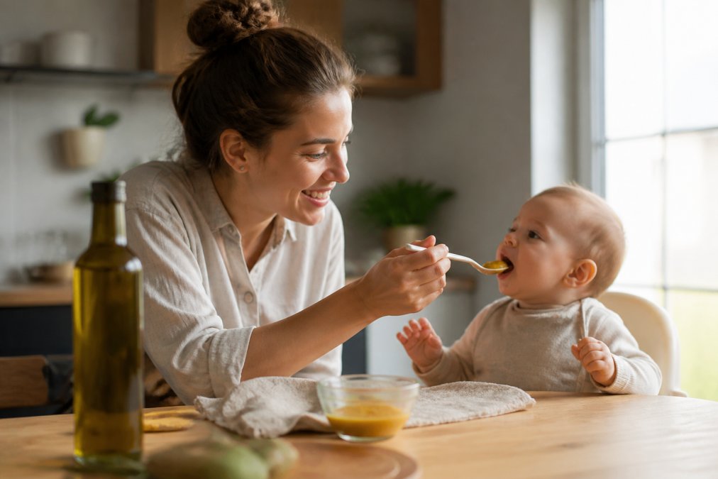 Een glazen fles Aurelia Oils extra vierge olijfolie op een houten keukentafel, naast een klein glazen kommetje met een lepel babyvoeding, zacht natuurlijk licht door het raam