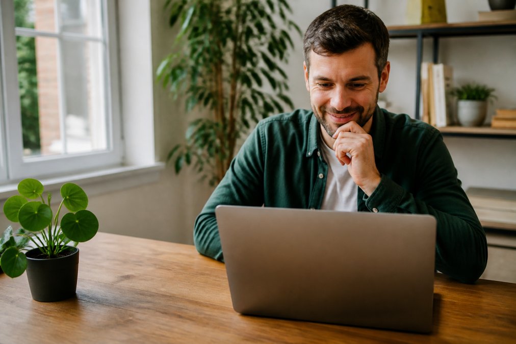 Small business owner checking a live landing page on their laptop with a satisfied expression as conversion metrics appear on screen, natural office lighting