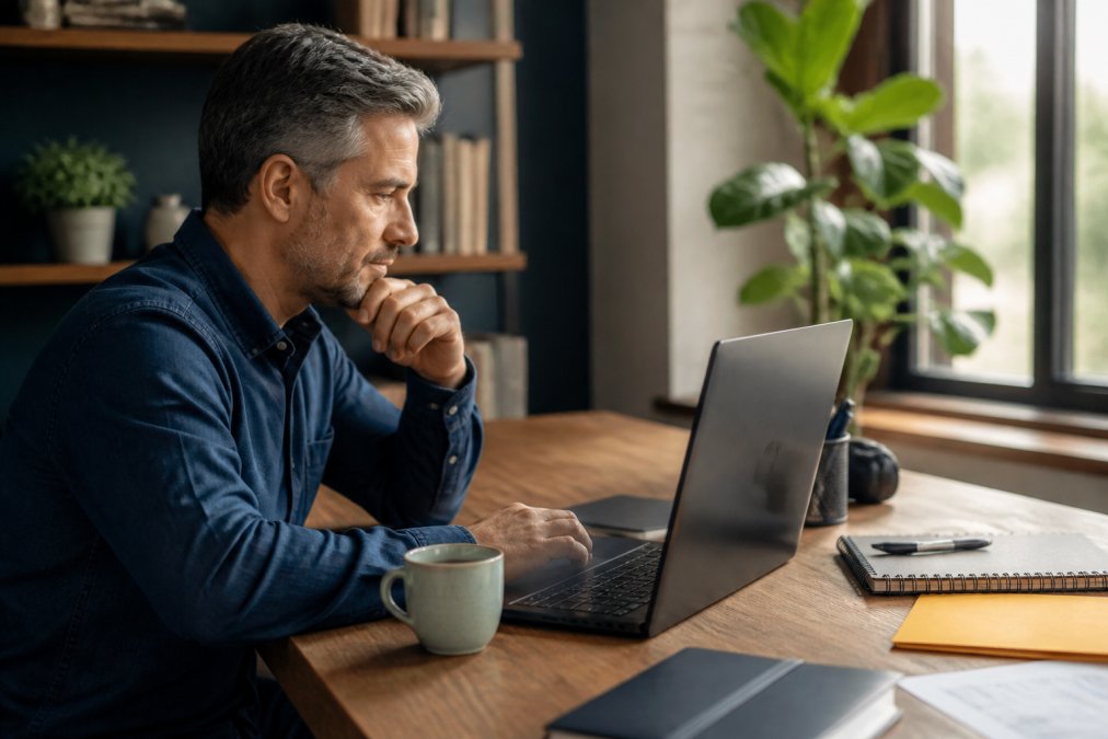 Small business owner using a drag-and-drop interface on a computer, with a cup of coffee and notebook visible on the desk, natural afternoon lighting