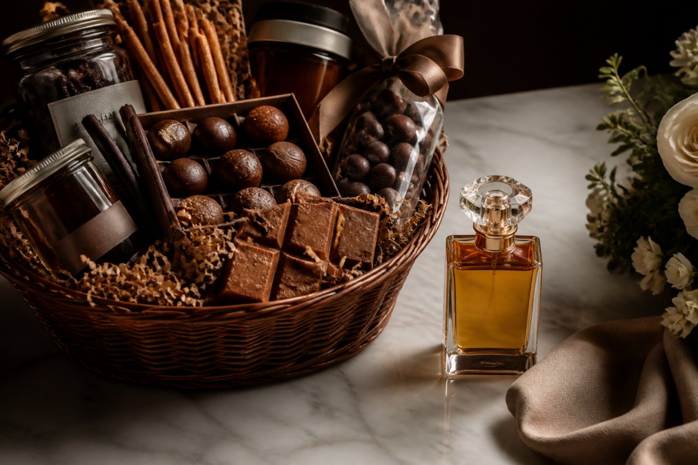 An elegant flat lay on a marble surface showing a gourmet gift basket with artisan chocolates and a luxury perfume bottle beside it, soft natural lighting, warm neutral tones