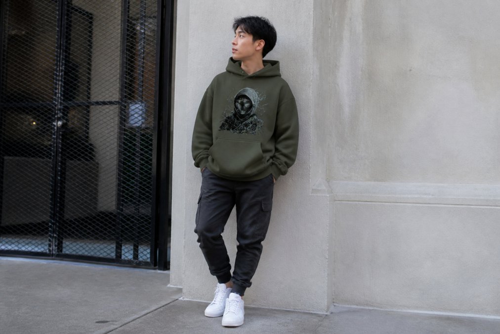 Person wearing an oversized olive green graphic hoodie with relaxed fit styled with charcoal joggers and white low-top sneakers, standing in natural outdoor lighting with neutral urban background